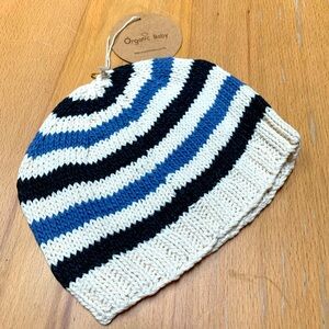 Organic Baby HK By Stella James cream blue navy stripe knit beanie size 3-5Y
